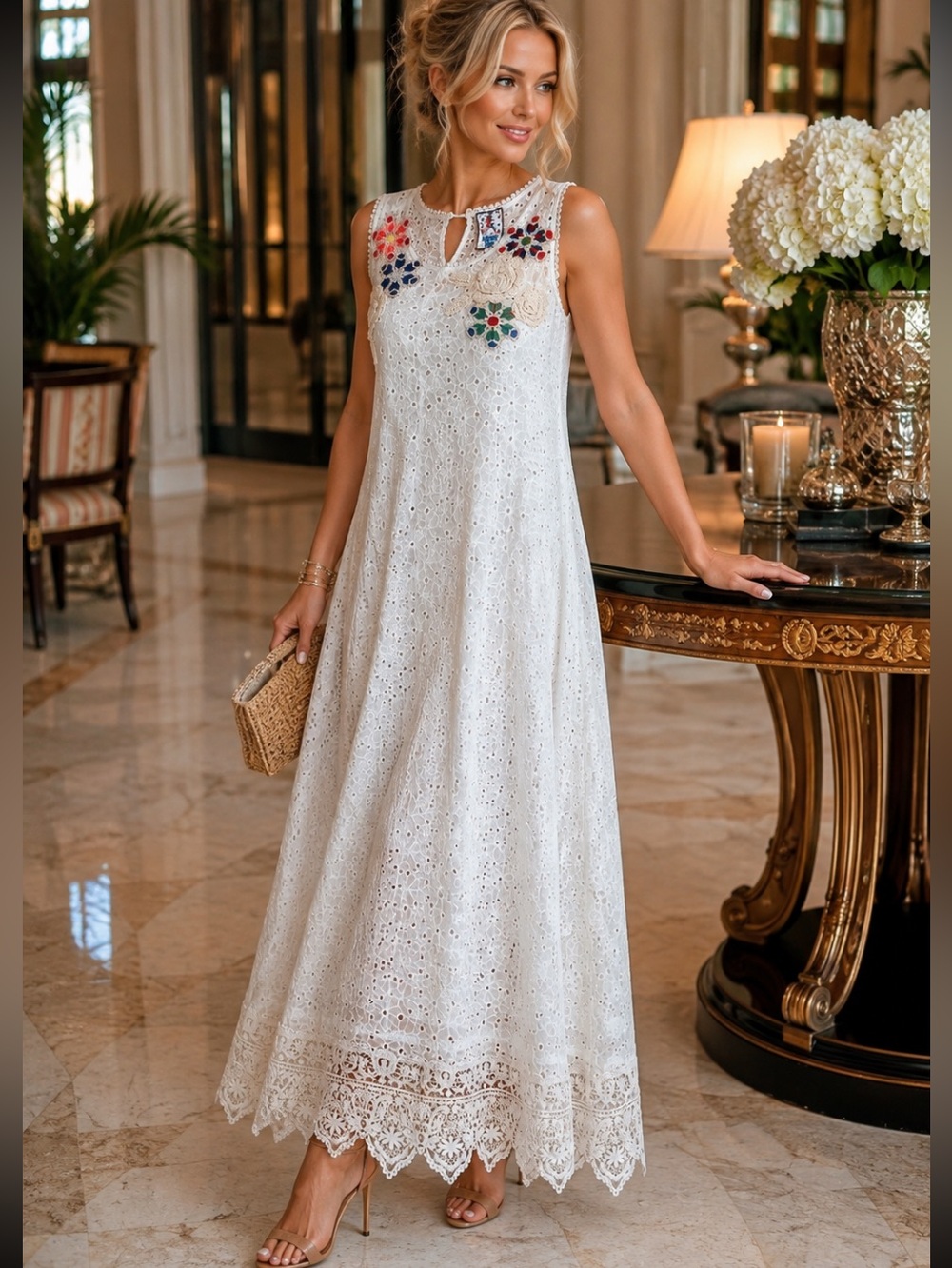 New Johnny Was White Eyelet Maxi Dress with Multicolor Floral Appliqué size S